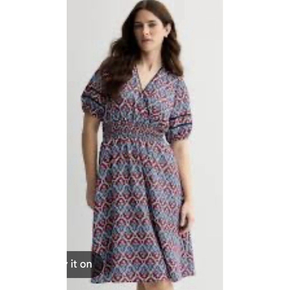 Draper James Fit & Flare Dress XXL Blue Red floral smocked V-Neck Puff Sleeve